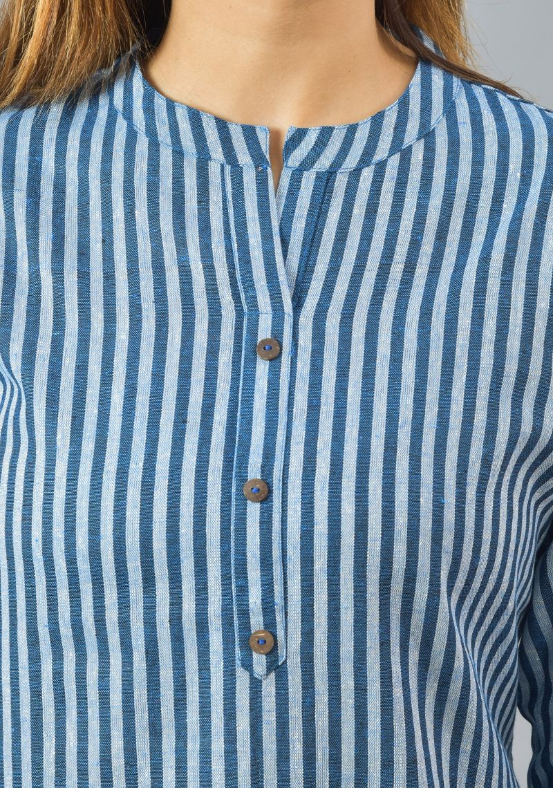 Women Vertical Stripes Striped Mandarin Collar Cotton Top