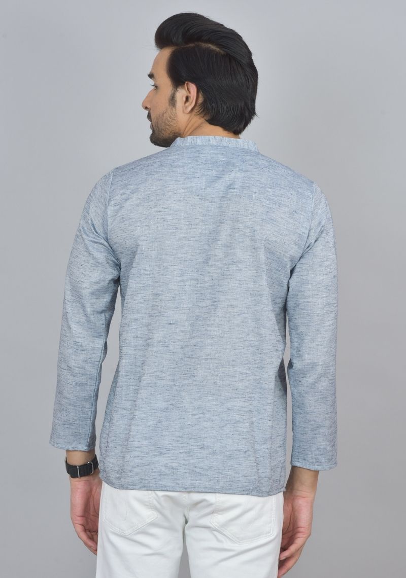 Combo of 2 Men Cotton Self Design Short Kurta Blue and Yellow