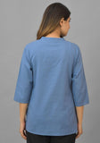 Sky Blue Solid Cotton Flax Women Top-10392