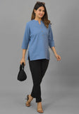 Sky Blue Solid Cotton Flax Women Top-10392