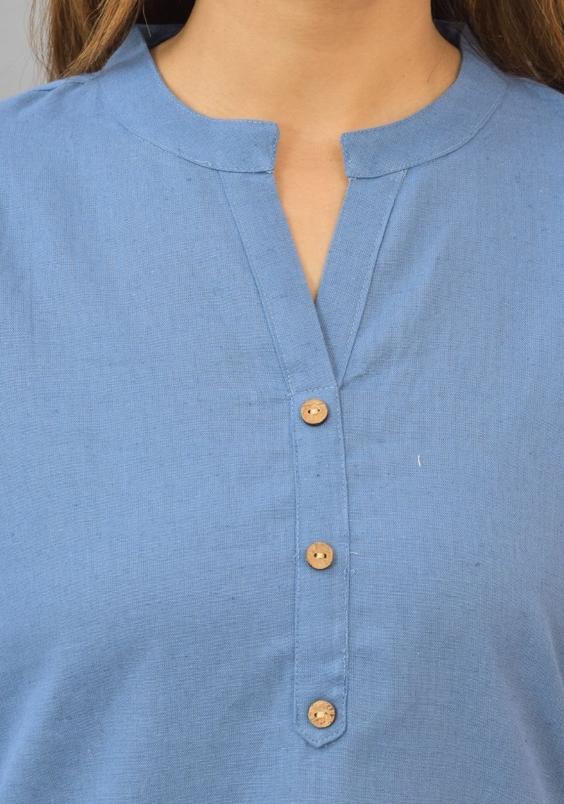 Sky Blue Solid Cotton Flax Women Top-10392