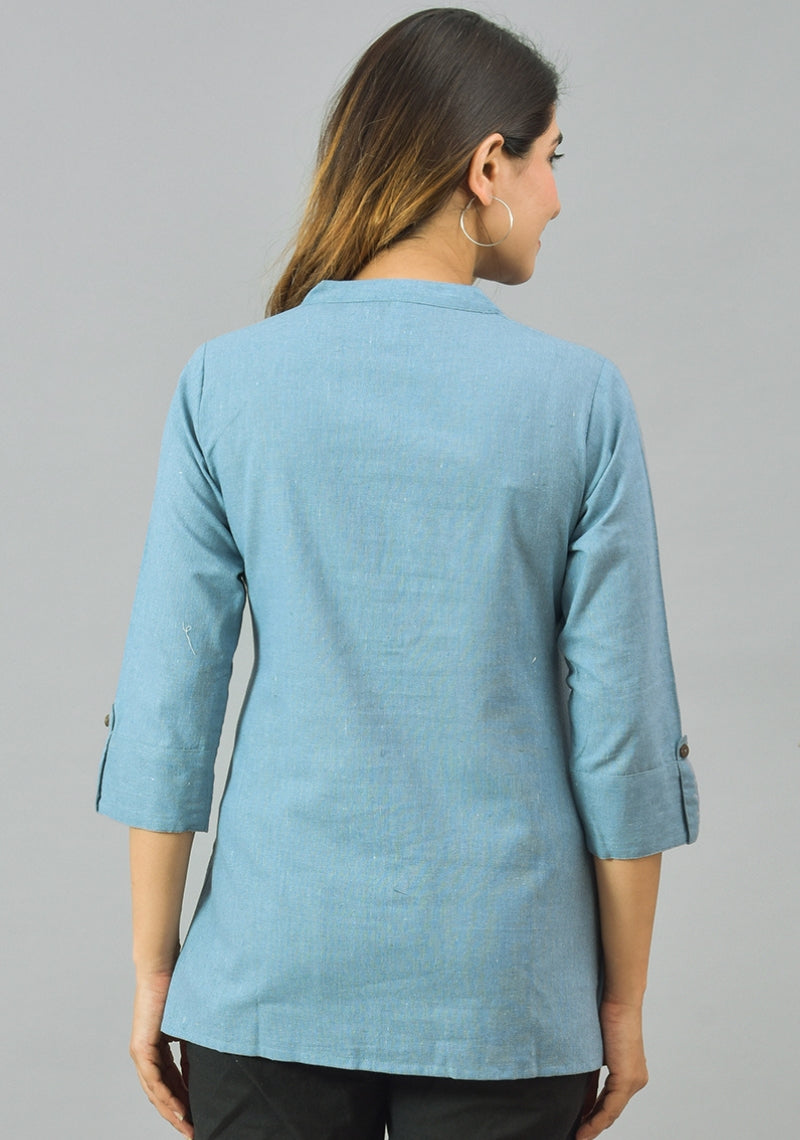Women Solid Mandarin Collar Cotton Kurti
