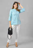Women Mandarin Collar Roll-Up Sleeves Cotton Top
