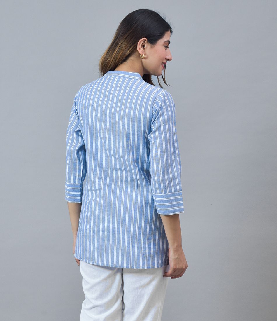 Sky Blue White Cotton Stripe Women Top-10279