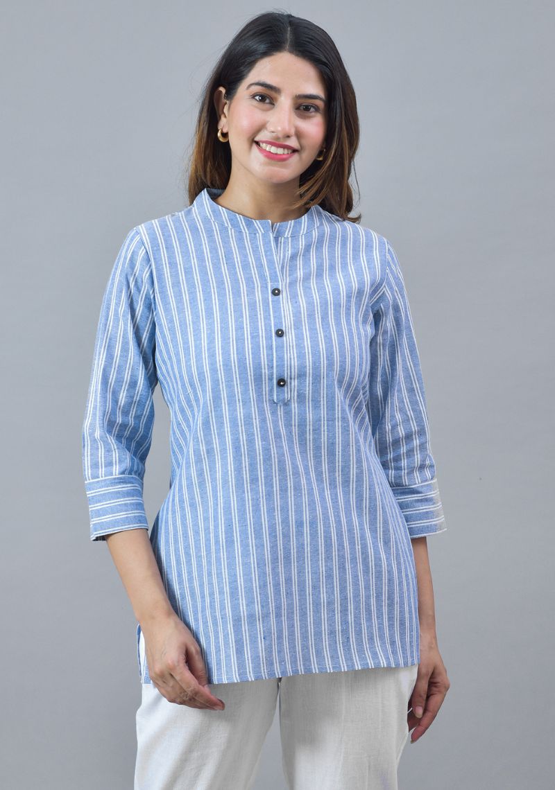Women Vertical Striped High Neck Cotton Top