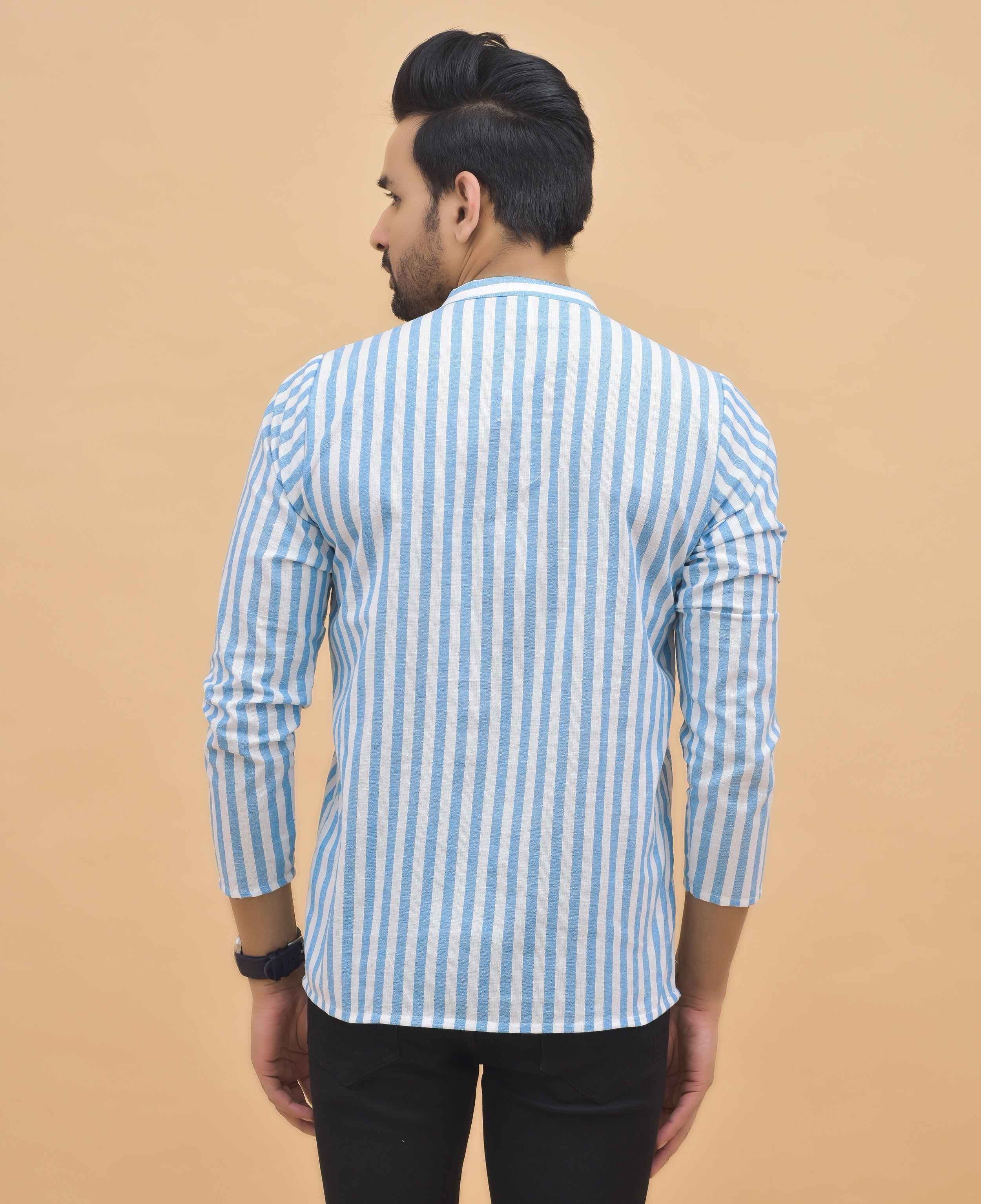 Combo of 3 Men Kurtas Stripe Cotton Handloom White Gray and Sky Blue