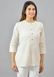 White Beige Cotton Stripe Women Top-10383