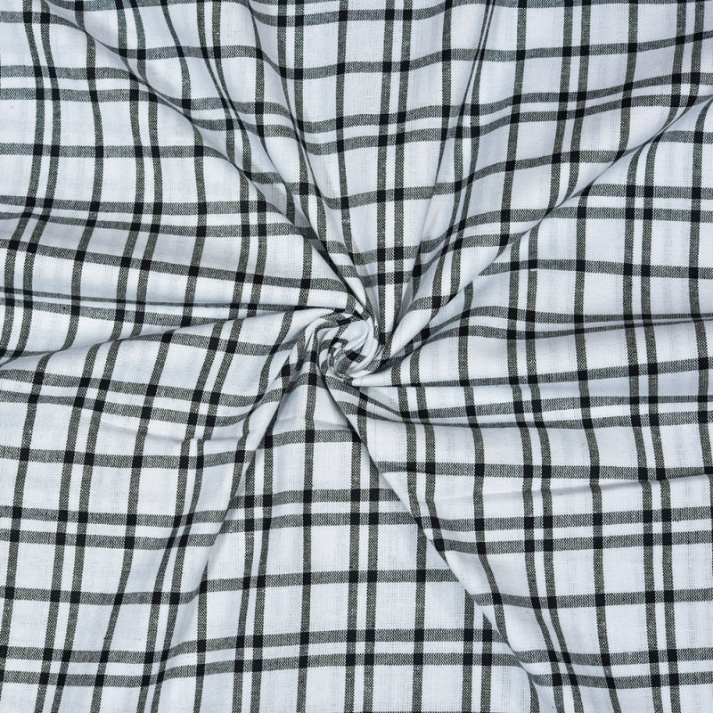 White Black Triple Line Checks Cotton Handloom Fabric