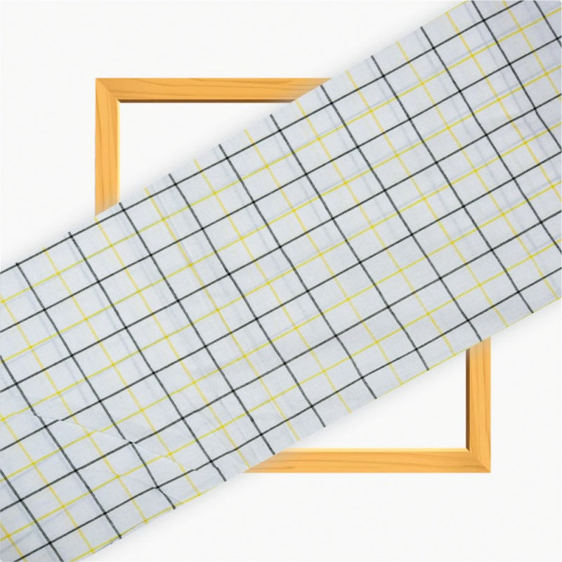 White Black and Yellow Checks Cotton Handloom Fabric