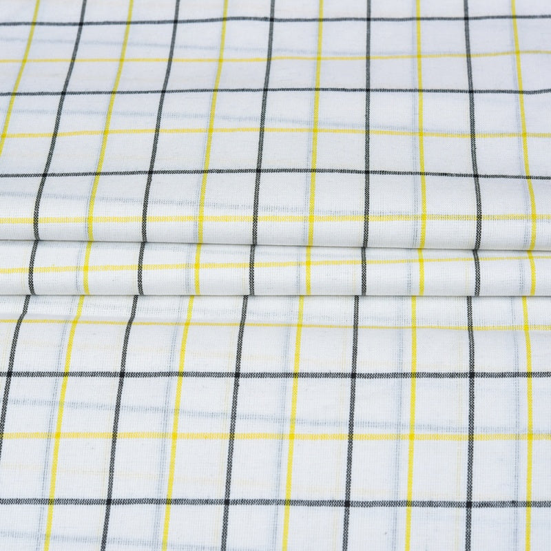 White Black and Yellow Checks Cotton Handloom Fabric