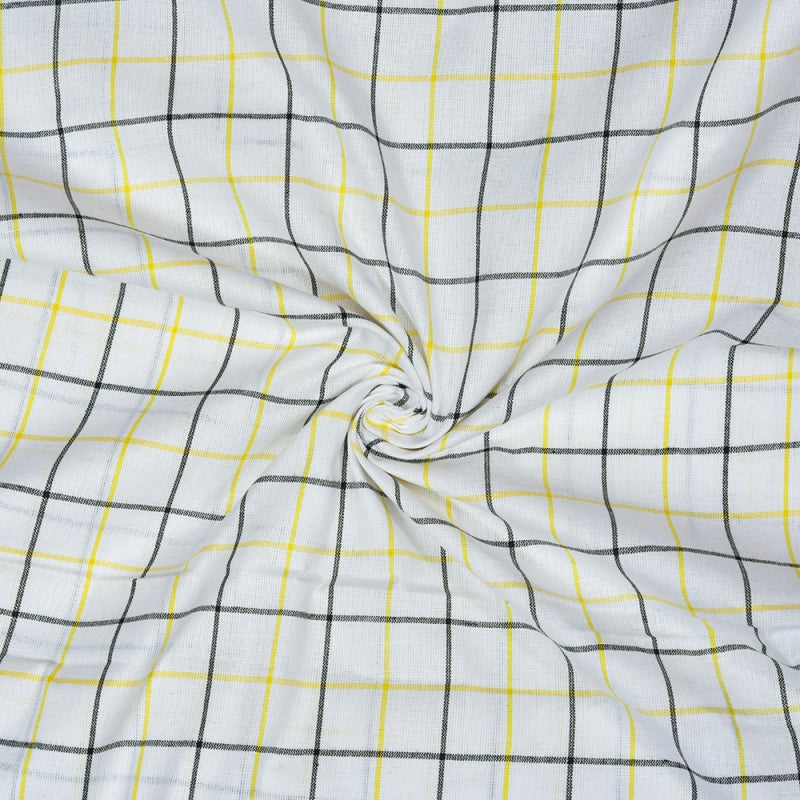 White Black and Yellow Checks Cotton Handloom Fabric