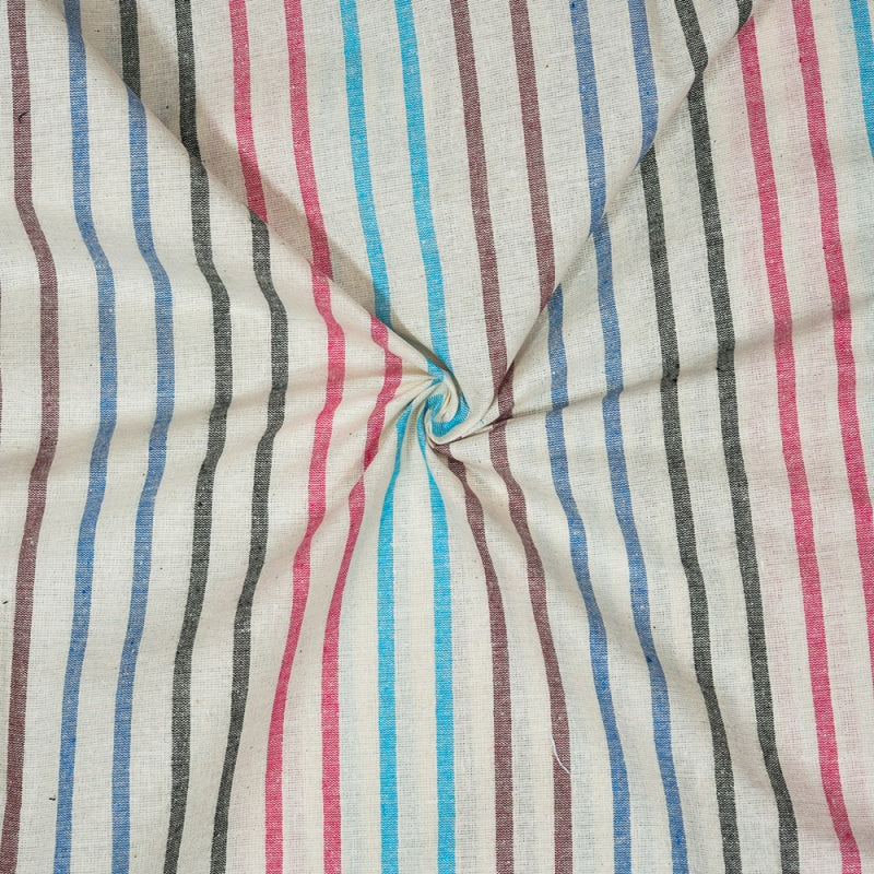 White Blue and Pink Stripe Cotton Handloom Fabric