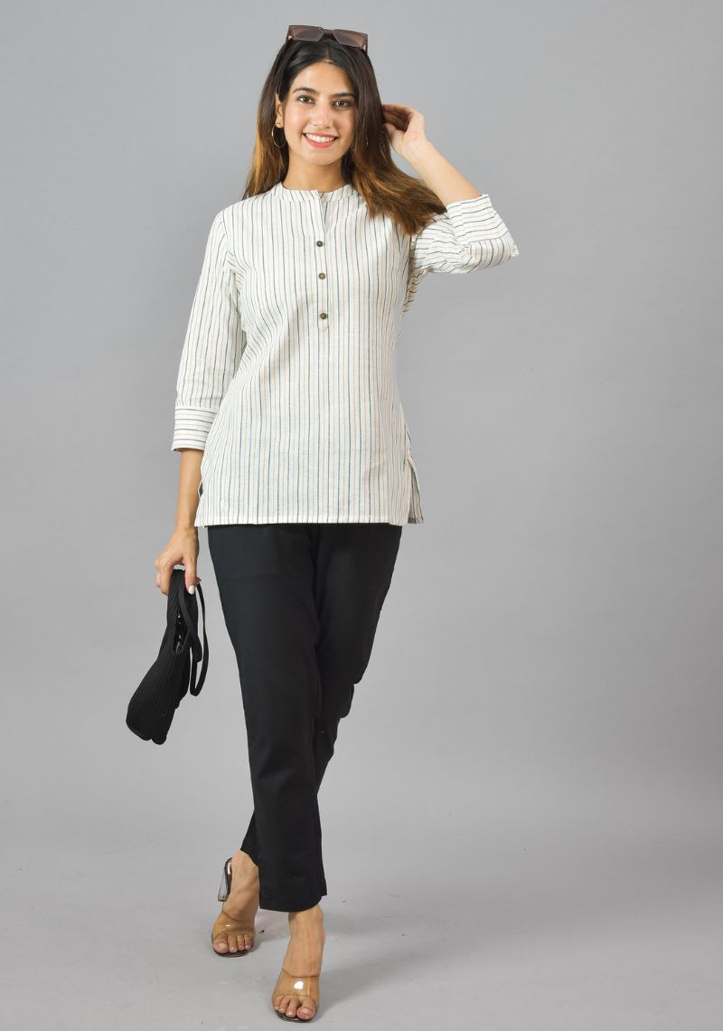 White Blue and Yellow Cotton Stripe Women Top-10377