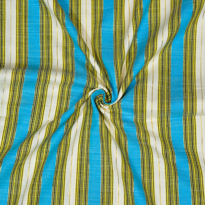 White Cyan and Brown Stripe Cotton Handloom Fabric
