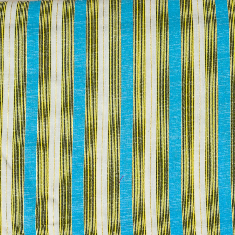 White Cyan and Brown Stripe Cotton Handloom Fabric