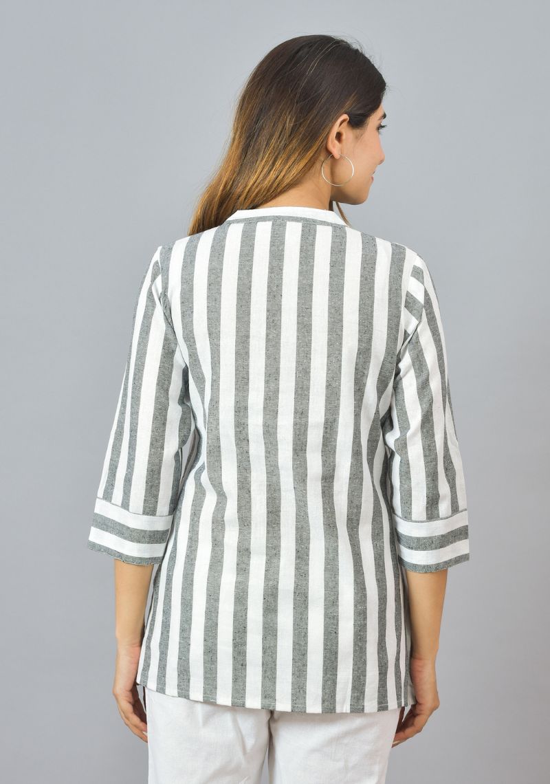 White Gray Cotton Stripe Women Top-10385