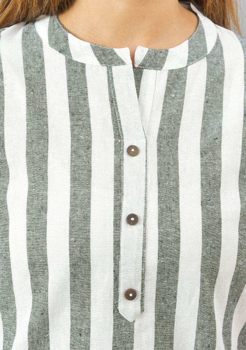White Gray Cotton Stripe Women Top-10385