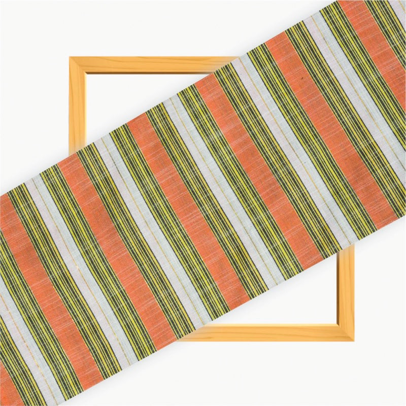 White Peach and Green Stripe Cotton Handloom Fabric