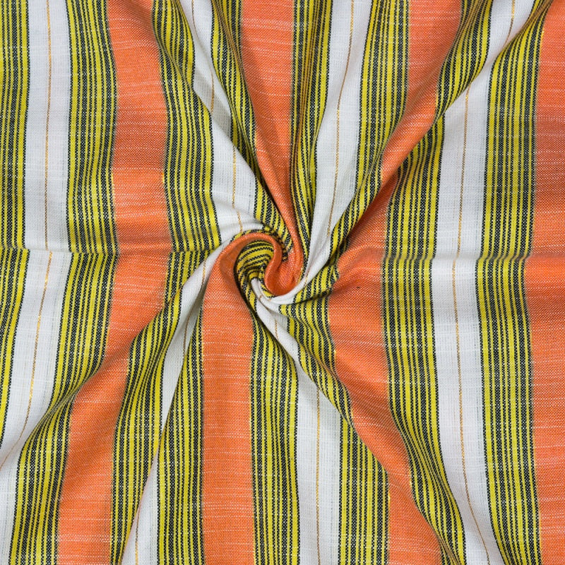 White Peach and Green Stripe Cotton Handloom Fabric