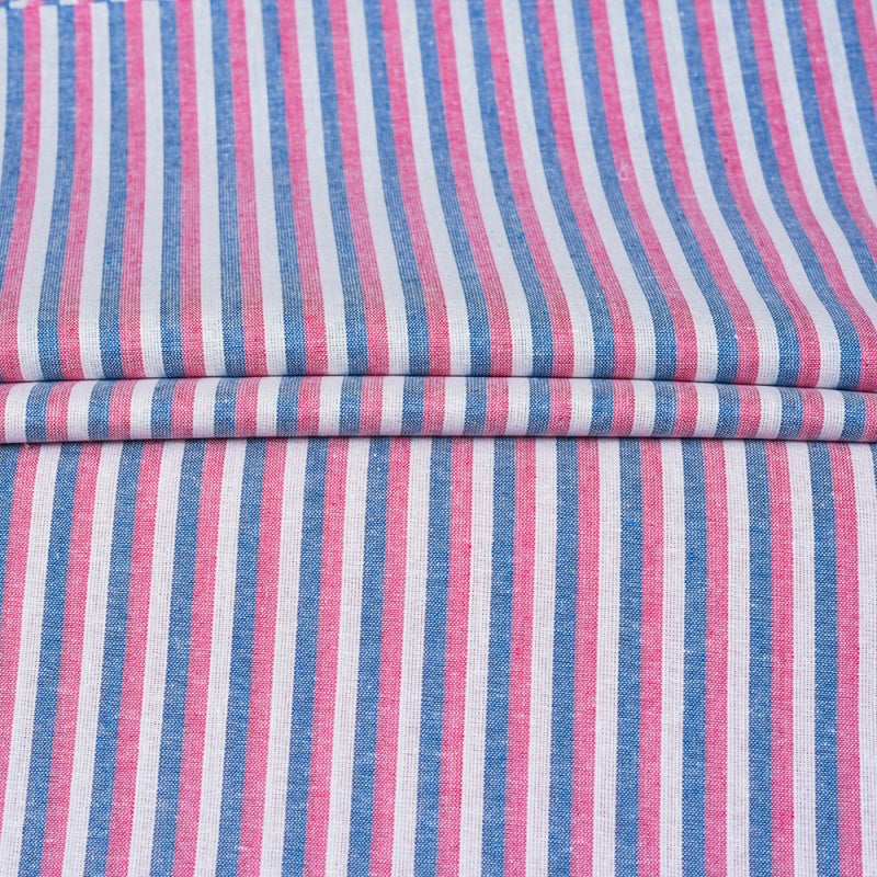 White Pink and Blue Stripe Cotton Handloom Fabric