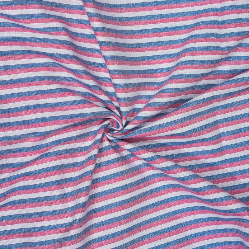 White Pink and Blue Stripe Cotton Handloom Fabric