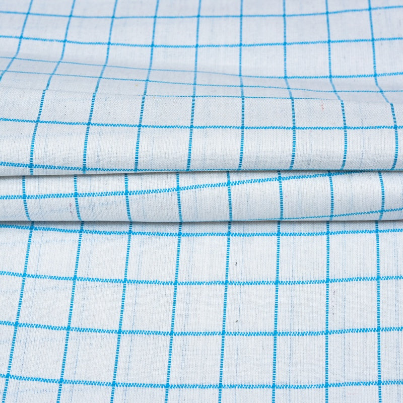 White Sky Blue Checks Cotton Handloom Fabric