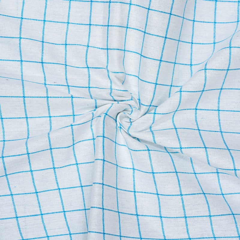 White Sky Blue Checks Cotton Handloom Fabric
