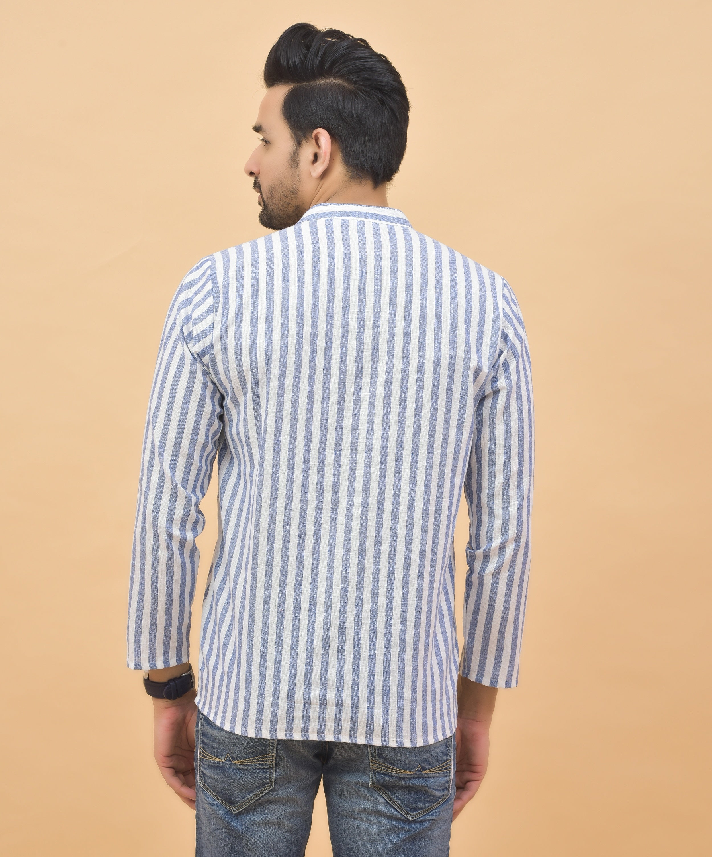 Combo of 3 Men Kurtas Stripe Cotton Handloom Sky Blue Pink and Gray