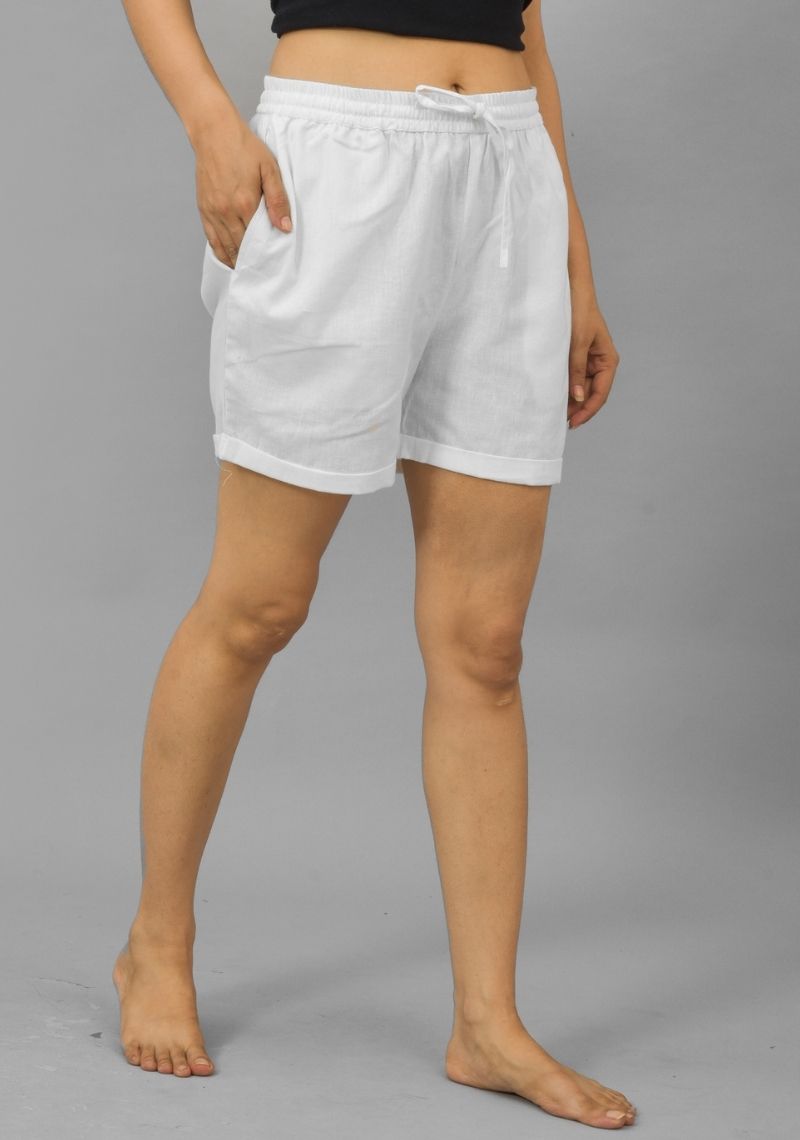 White Solid Cotton Flax Shorts