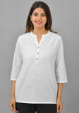 White Solid Cotton Flax Women Top-10393