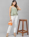 White Solid Cotton Flax Women Trouser