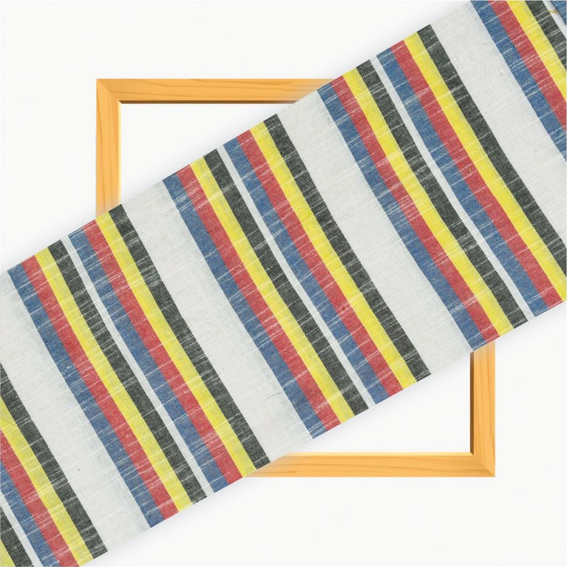 White Yellow and Black Stripe Cotton Handloom Fabric