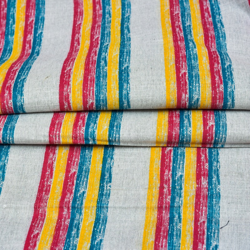 White Yellow and Red Stripe Cotton Handloom Fabric
