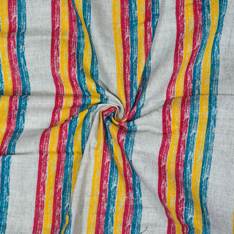 White Yellow and Red Stripe Cotton Handloom Fabric