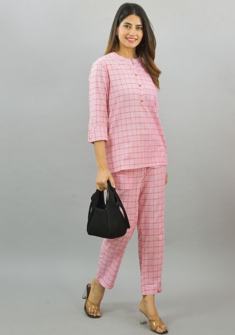 Women Co-Ords Baby Pink Cotton Checks Dress Top and Bottom-10332-A