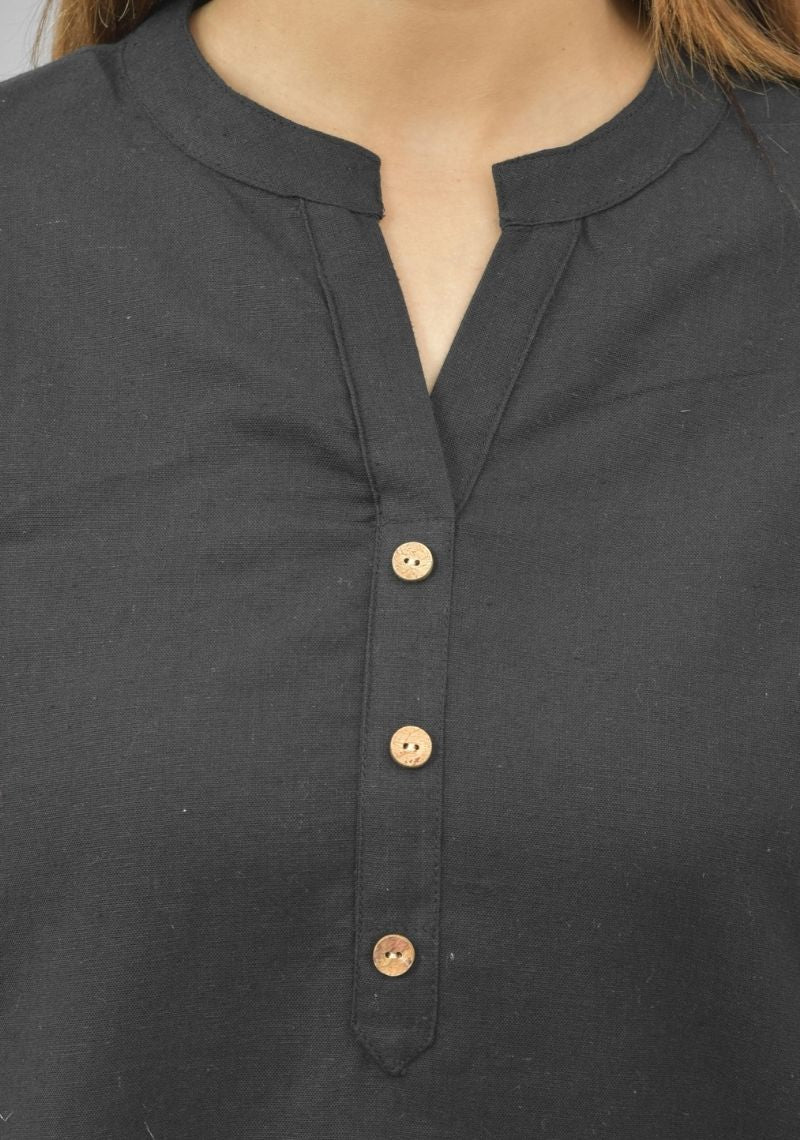 Women Co-Ords Black Cotton Flax Dress Top and Bottom-10717