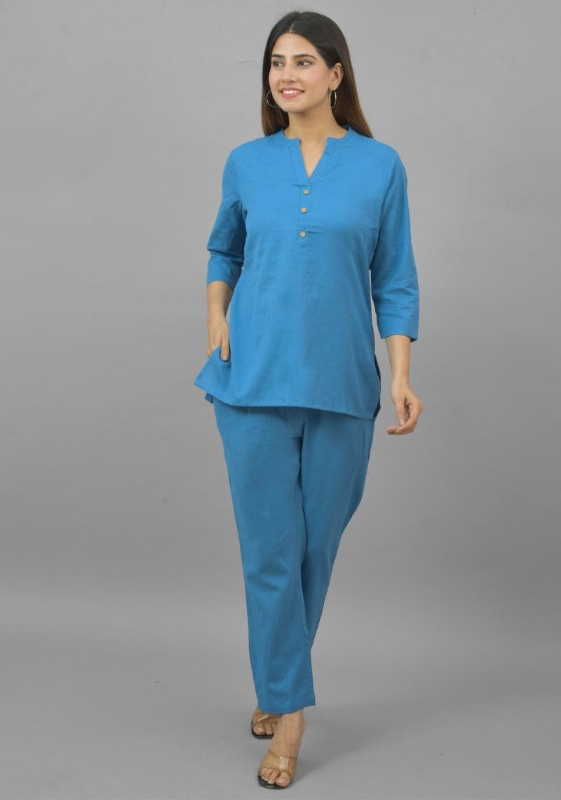 Women Co-Ords Blue Cotton Flax Dress Top and Bottom-10712
