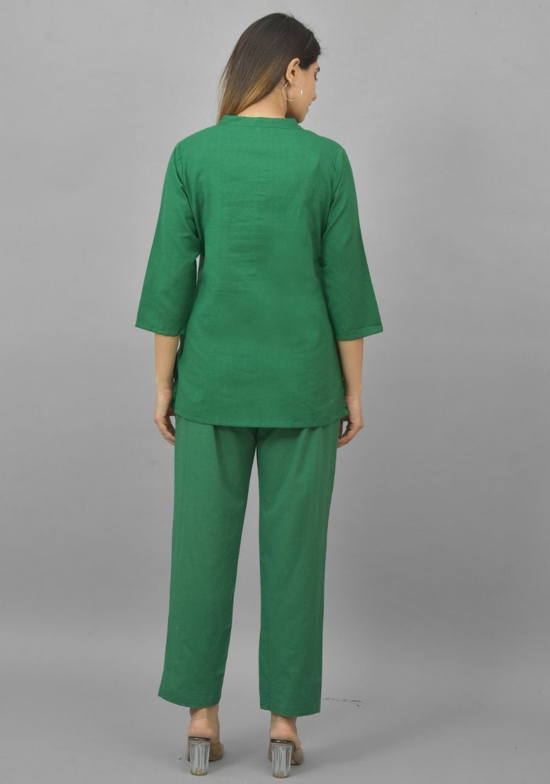 Women Co-Ords Bottle Green Cotton Flax Dress Top and Bottom-10713
