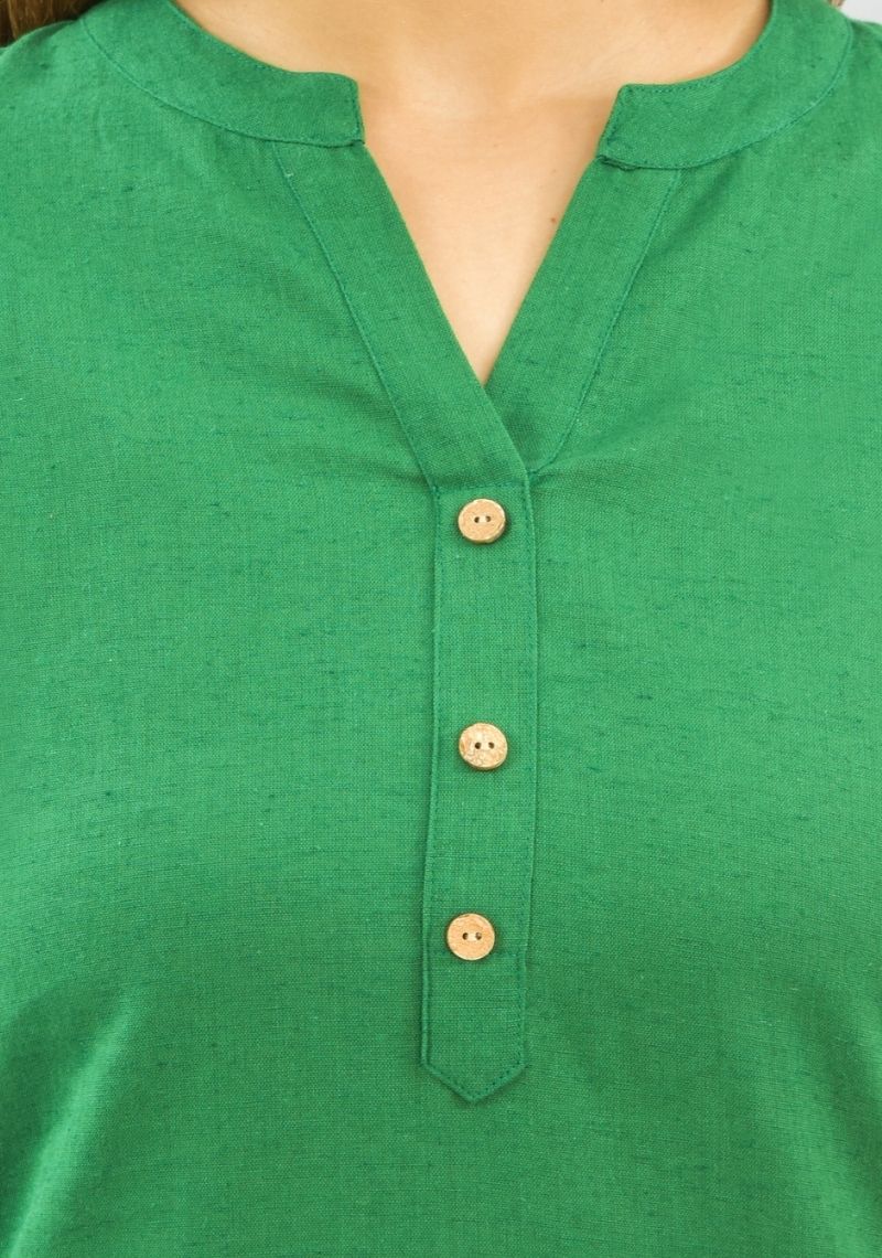 Women Co-Ords Bottle Green Cotton Flax Dress Top and Shorts-10317