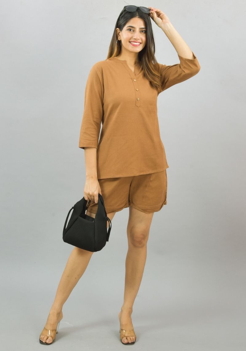 Women Co-Ords Brown Cotton Flax Dress Top and Shorts-10328