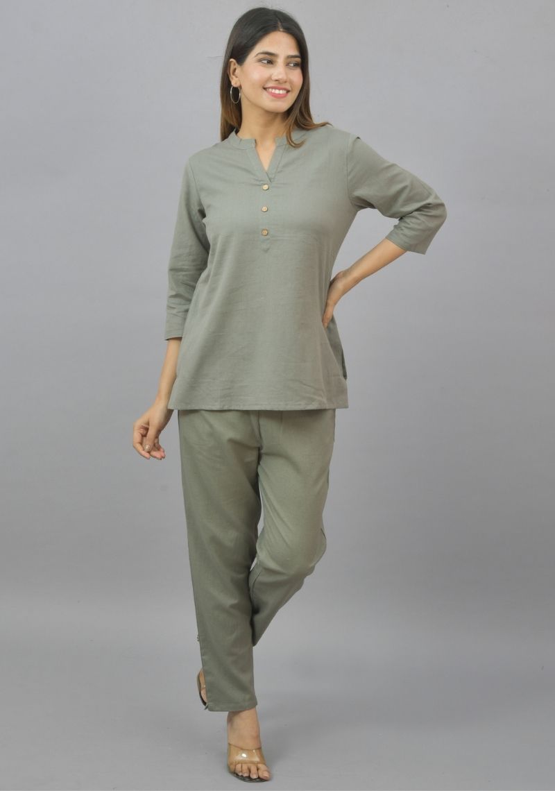 Women Co-Ords Gray Cotton Flax Dress Top and Bottom-10709