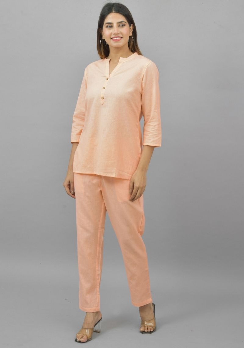 Women Co-Ords Light Peach Cotton Flax Dress Top and Bottom-10718