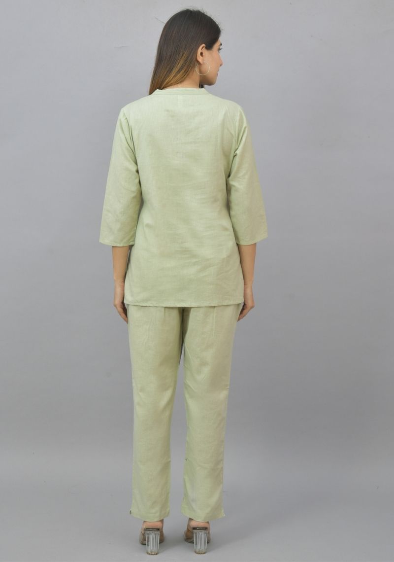 Women Co-Ords Mint Green Cotton Flax Dress Top and Bottom-10720
