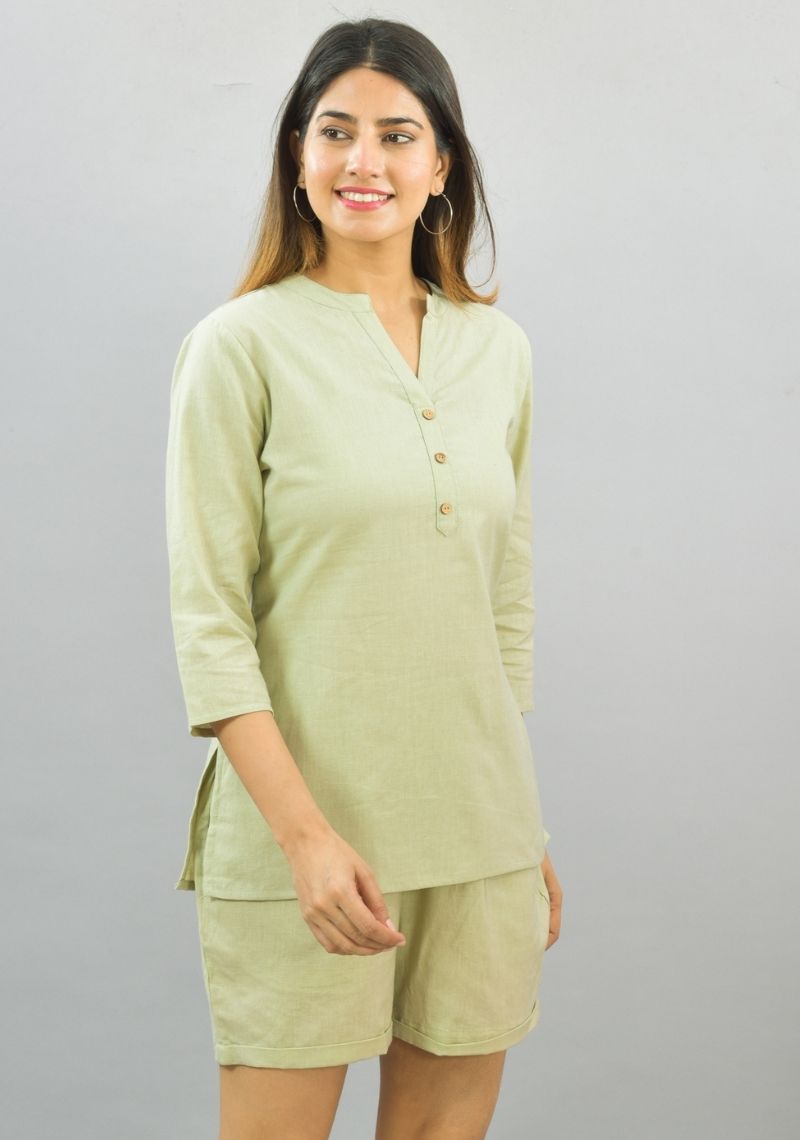 Women Co-Ords Mint Green Cotton Flax Dress Top and Shorts-10324