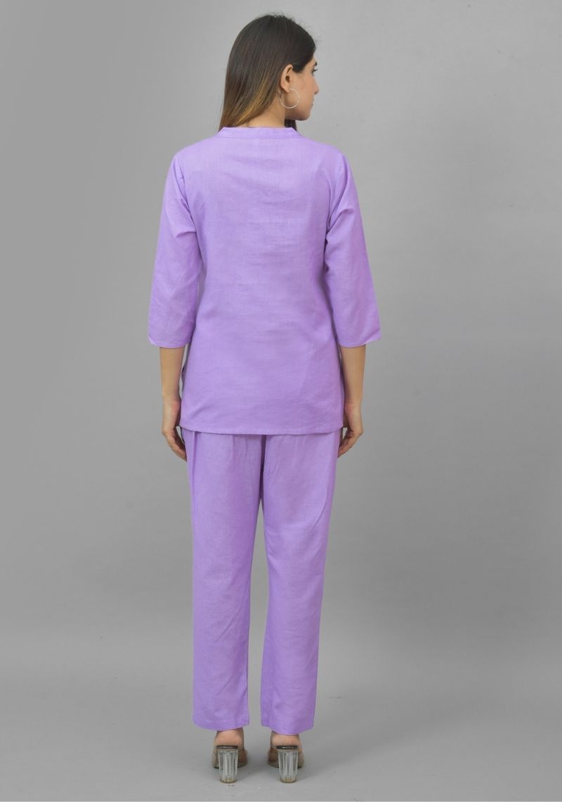 Women Co-Ords Purple Cotton Flax Dress Top and Bottom-10715