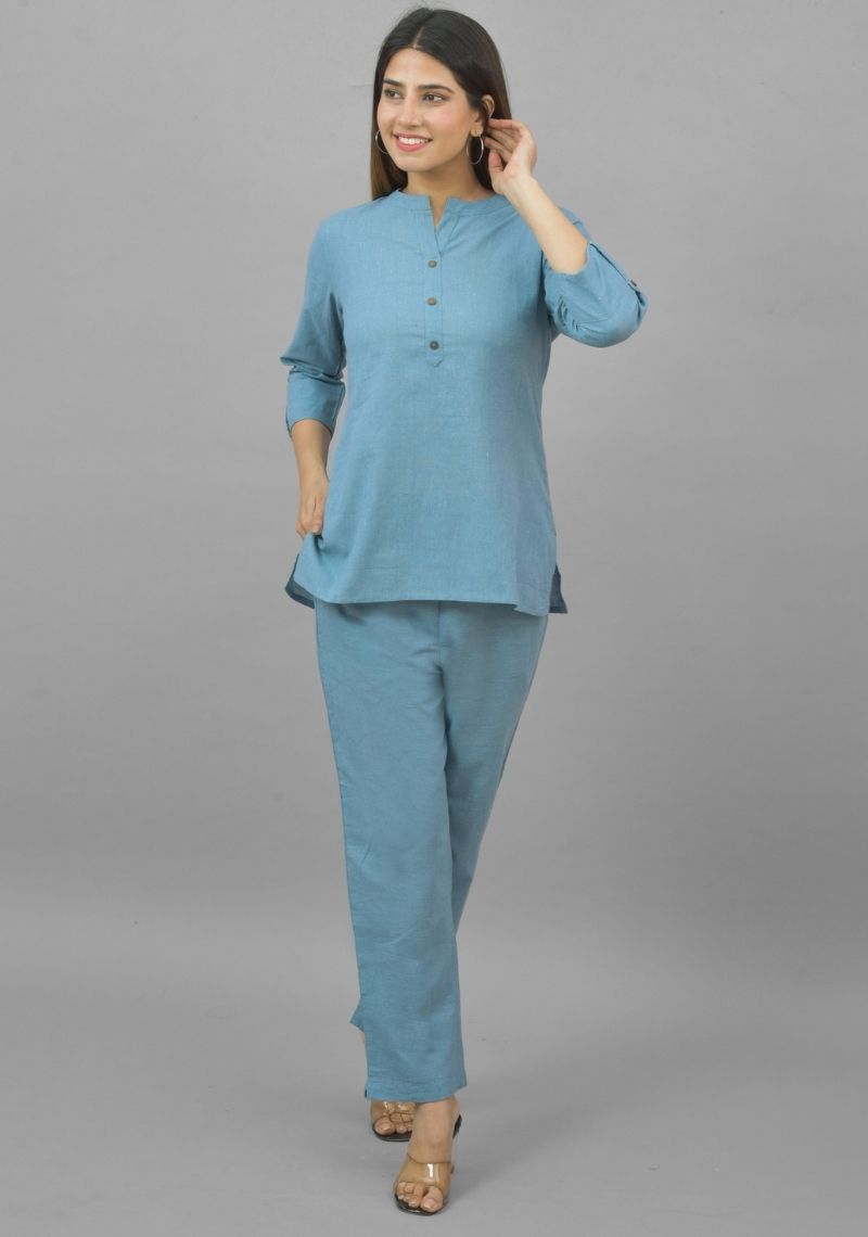 Women Co-Ords Sky Blue Cotton Flax Dress Top and Bottom-10716