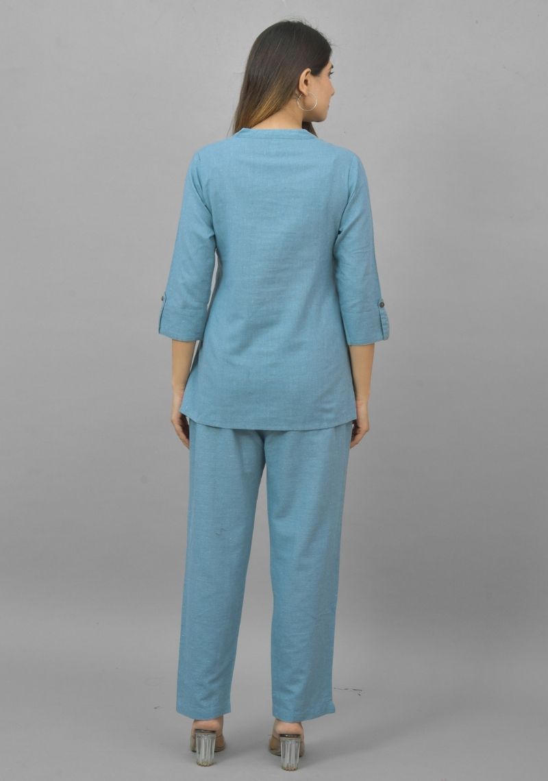 Women Co-Ords Sky Blue Cotton Flax Dress Top and Bottom-10716