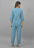 Women Co-Ords Sky Blue Cotton Flax Dress Top and Bottom-10716