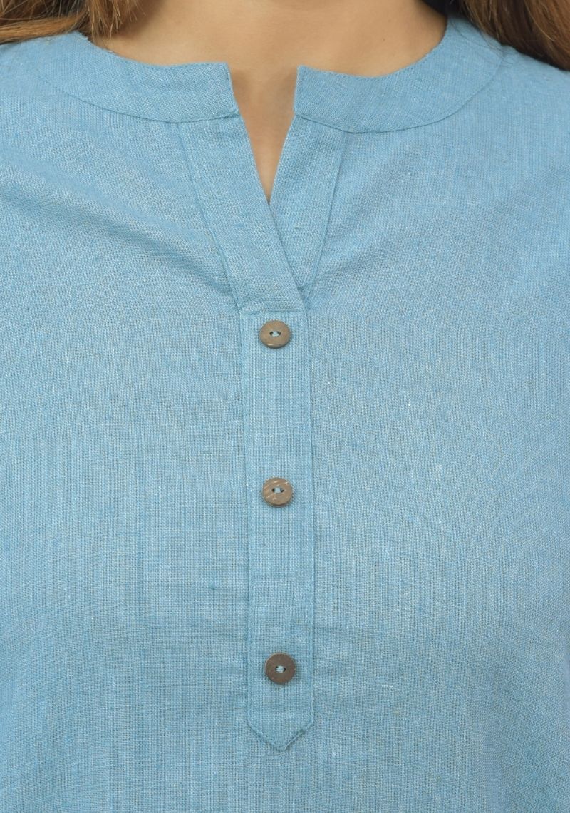 Women Co-Ords Sky Blue Cotton Flax Dress Top and Bottom-10716