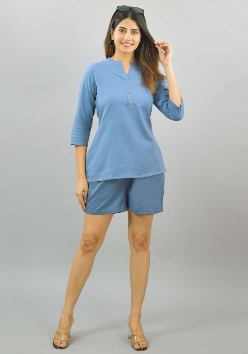 Women Co-Ords Sky Blue Cotton Flax Dress Top and Shorts-10322